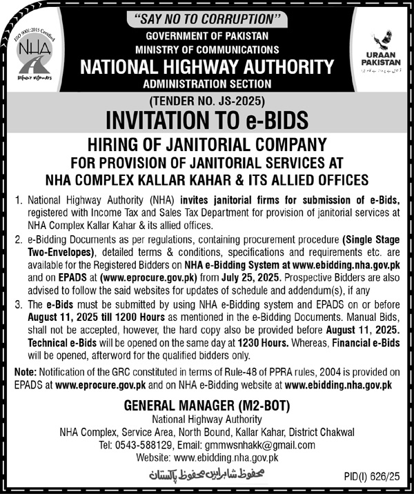 National Highway Authority Chakwal Tender Notice